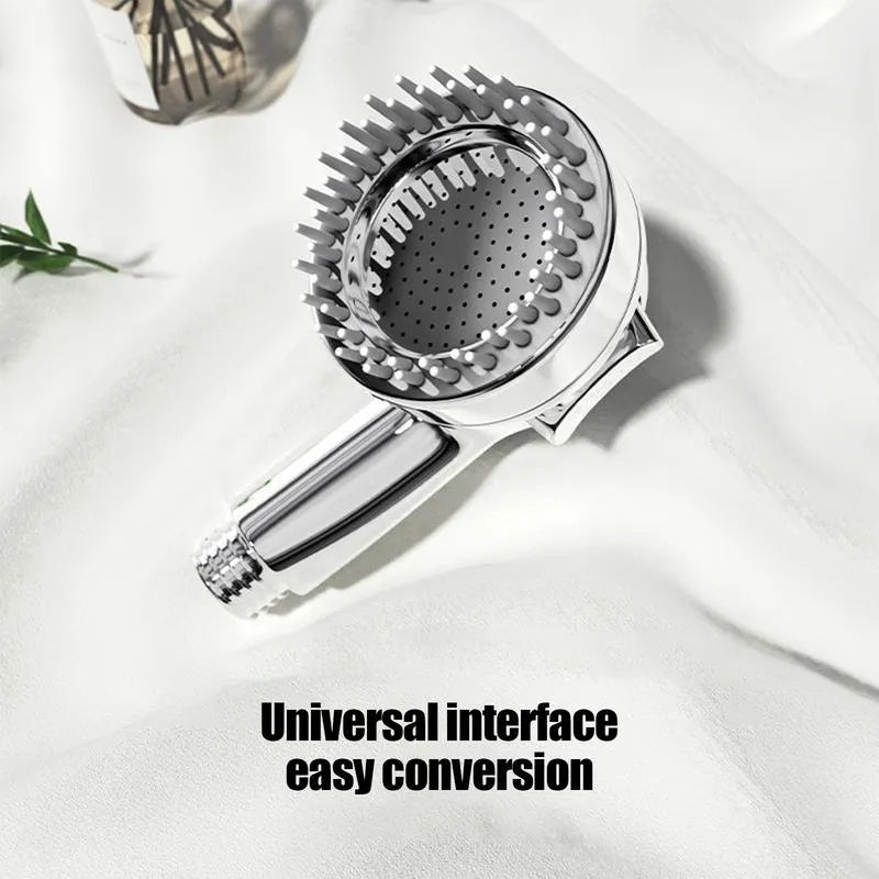 Silver dog shower attachment with silicone comb teeth and ergonomic grip for bath time