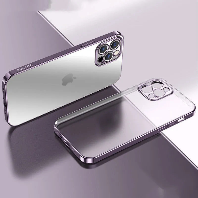 Clear matte silicone phone case with a raised square frame for iPhone, shown in blue on a table.
