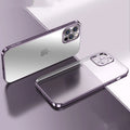Clear matte silicone phone case with a raised square frame for iPhone, shown in blue on a table.