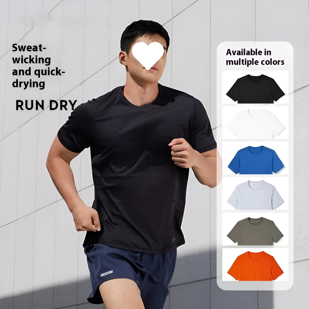 Men's black quick-dry polyester sports t-shirt for running and fitness on a hanger