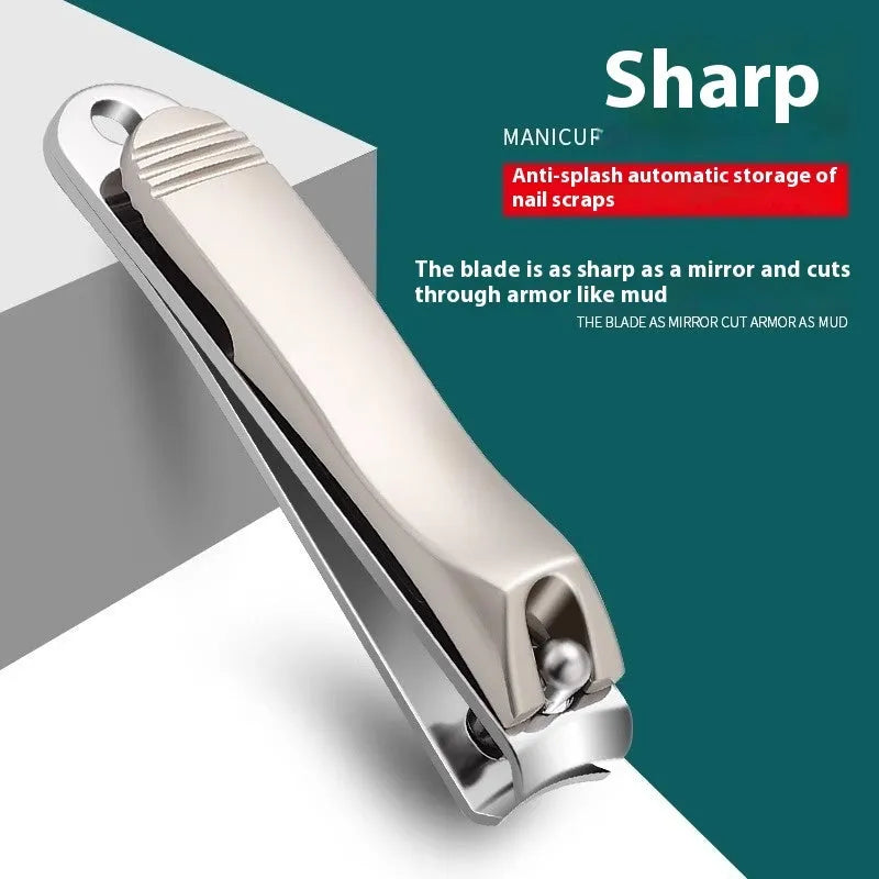 Anti-splash portable plastic case open to show stainless steel nail grooming tools in brown, white, and green.