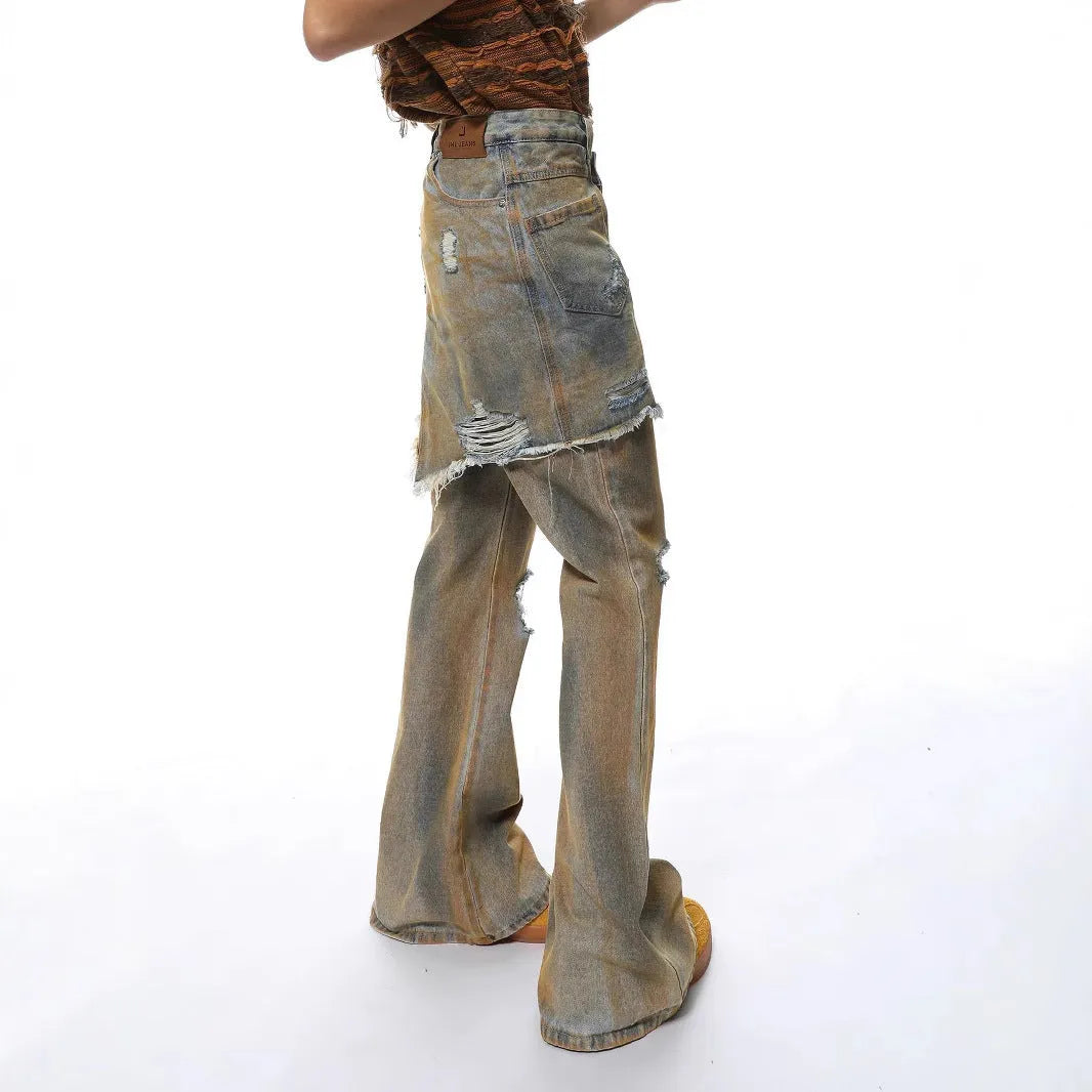 American street style bootcut jeans trousers with high waist and straight-leg design
