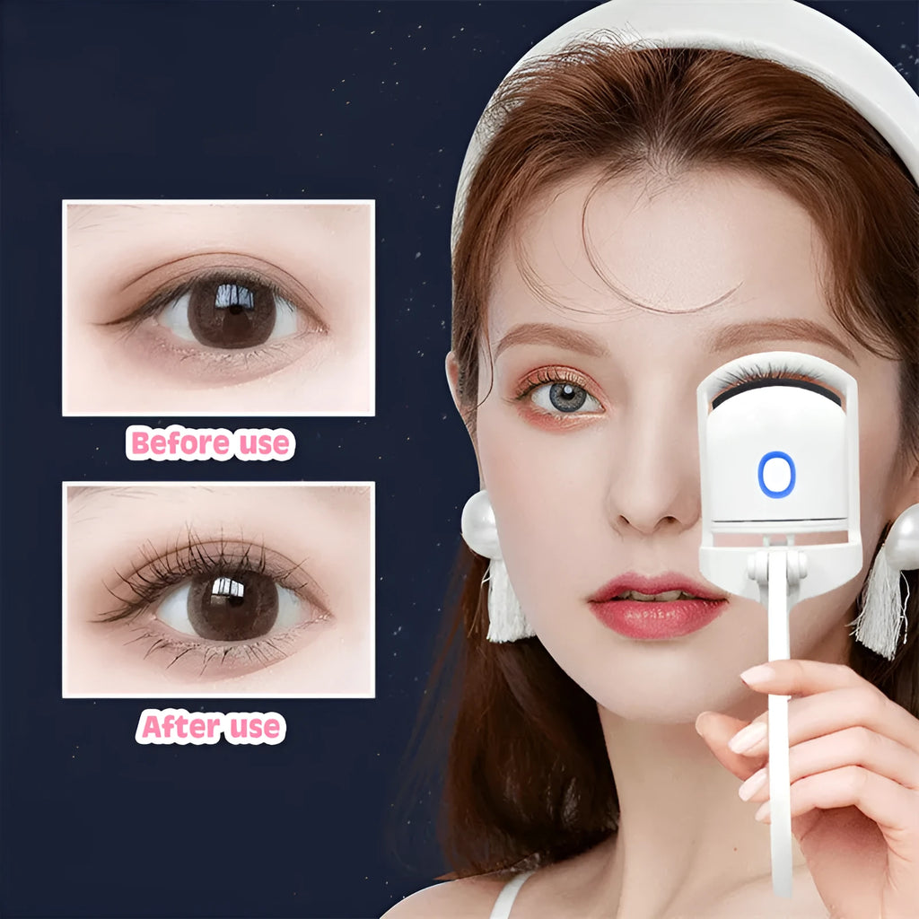 Pink and white USB rechargeable heated eyelash curler with dual temperature settings.