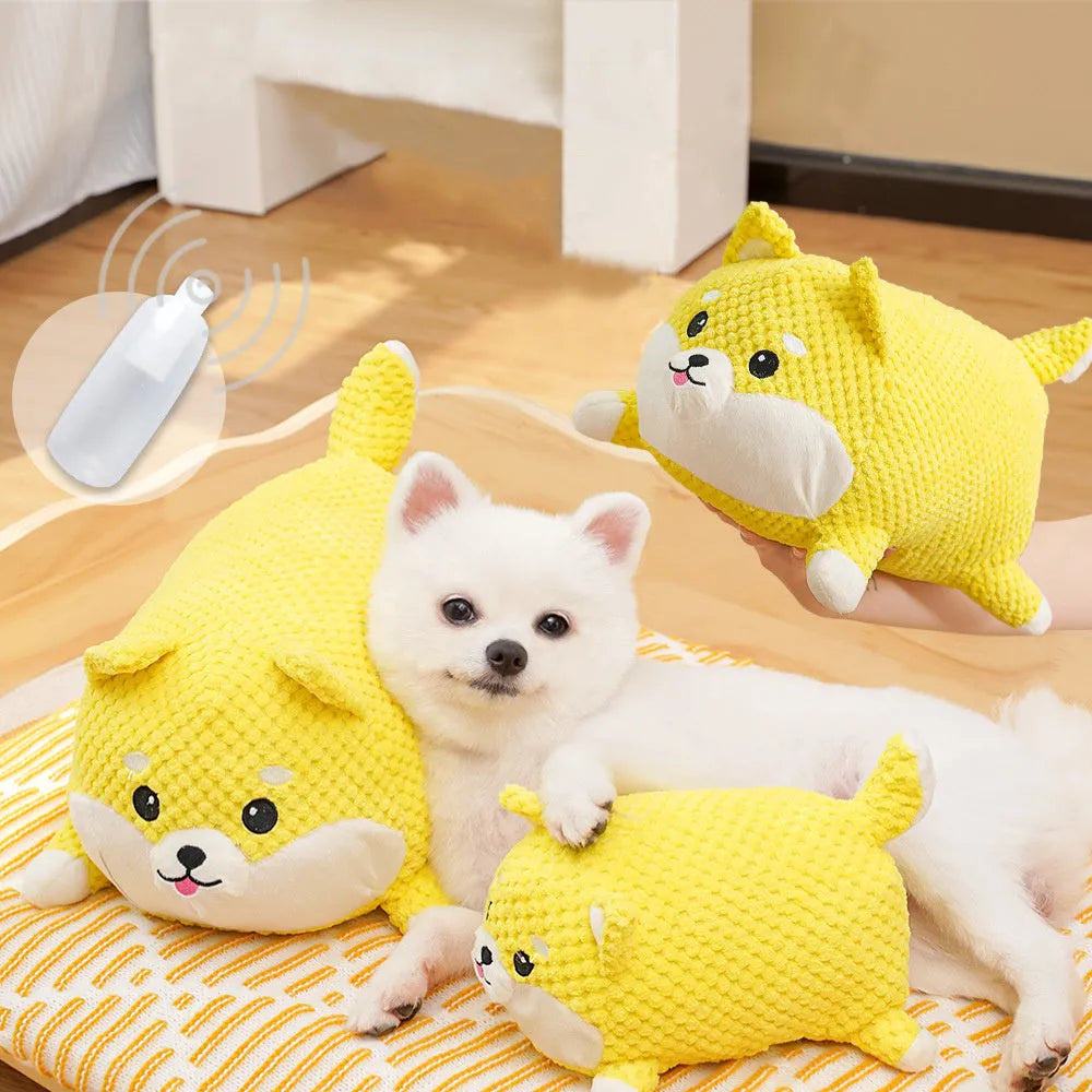 Calming plush dog toy with squeaker vocalisation feature in bite-resistant material