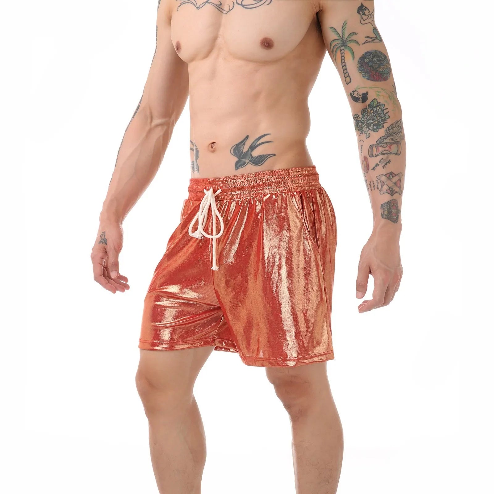 Men's silver polyester casual home pants for lounging, shown on a hanger.