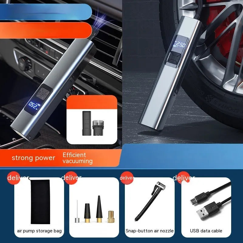Wireless car tyre inflator and vacuum cleaner with digital display showing tyre pressure reading