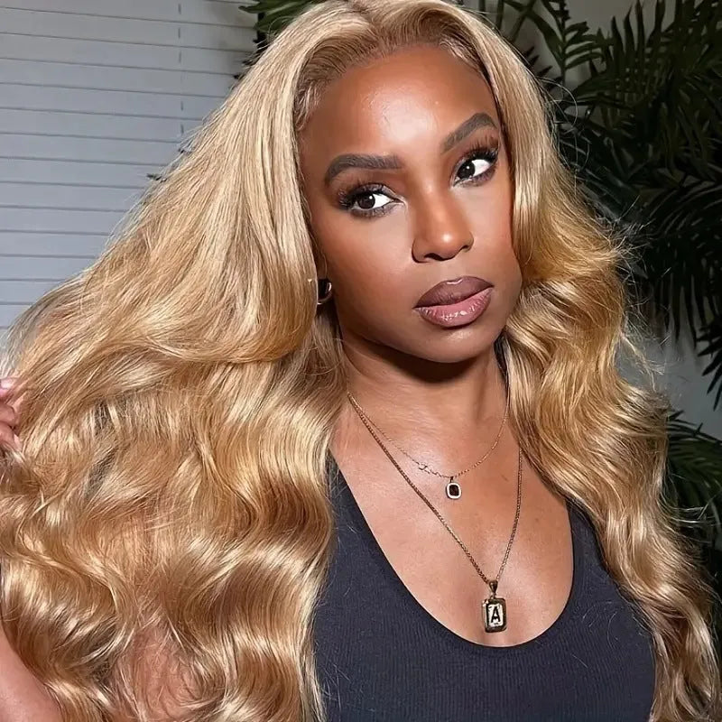 Golden big wave synthetic wig with long curly hair and side bangs in light brown colour