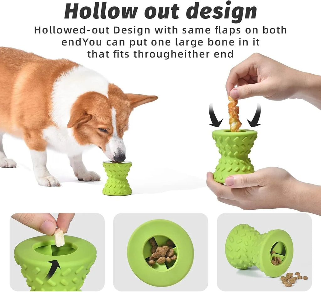 Interactive treat dispensing dog bone toy in blue, green, or purple for aggressive chewers with hollow design