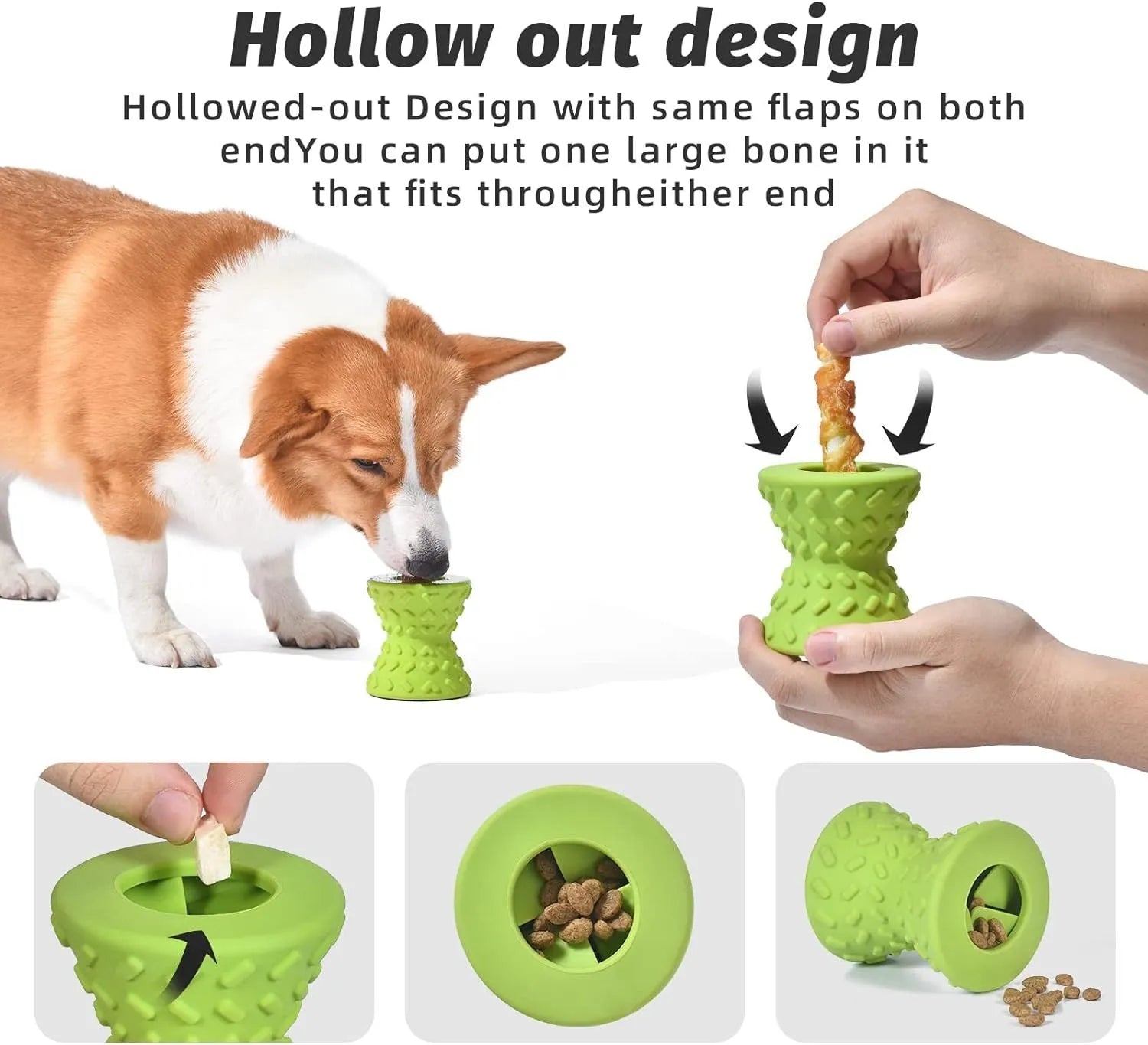 Interactive treat dispensing dog bone toy in blue, green, or purple for aggressive chewers with hollow design