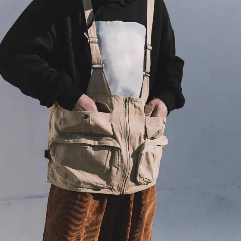 Loose fit women's waistcoat vest in khaki colour made from thin polyester fabric for casual leisure wear
