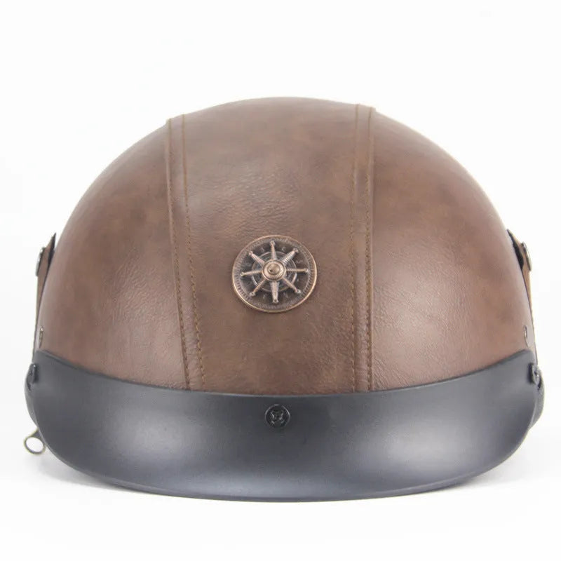 Retro half-pedal motorcycle helmet in ABS artificial leather, black and dark brown colour options