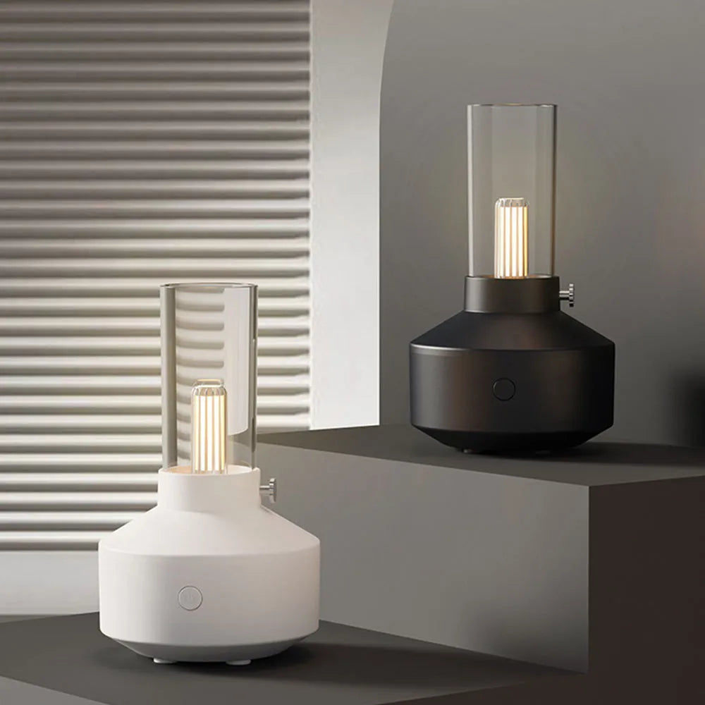Retro 150ml ultrasonic humidifier with candlelight night light, black or white, USB aroma diffuser