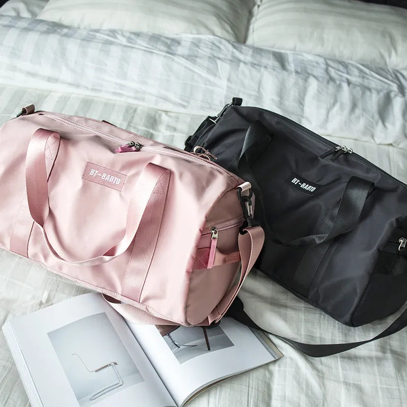 Beige nylon sports rucksack with contrast colour design and letter pattern showing interior