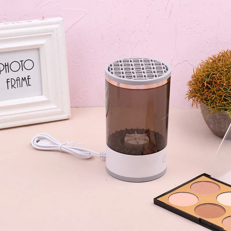 Grey and white portable electric makeup brush cleaning machine with USB charger
