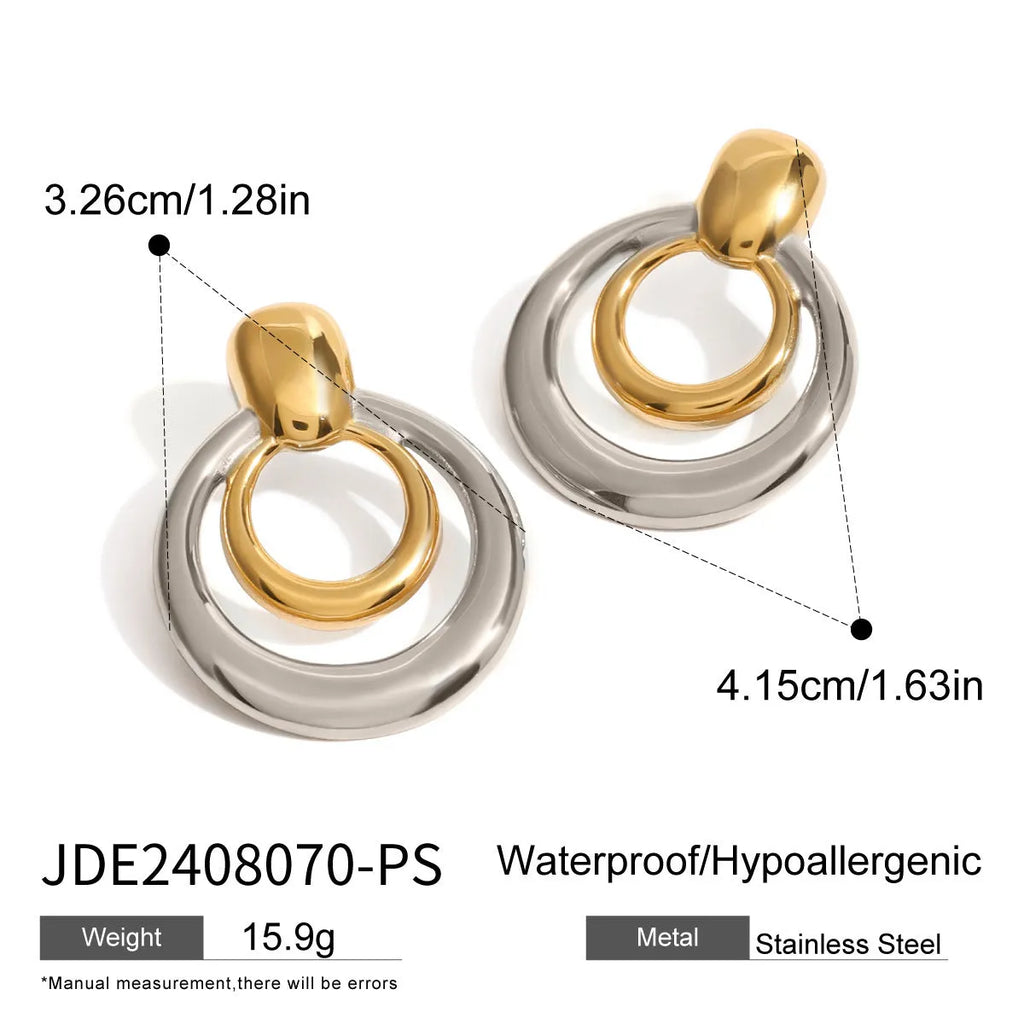 Gold double-layer hollow stud earrings with round 2.5cm diameter geometry and 0.5cm spacing between layers