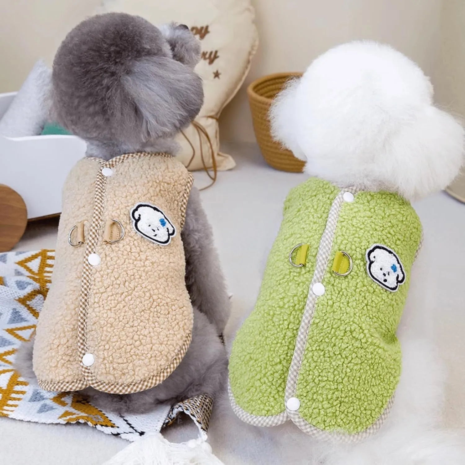 Green coral fleece dog vest with leash ring for small pets in autumn and winter