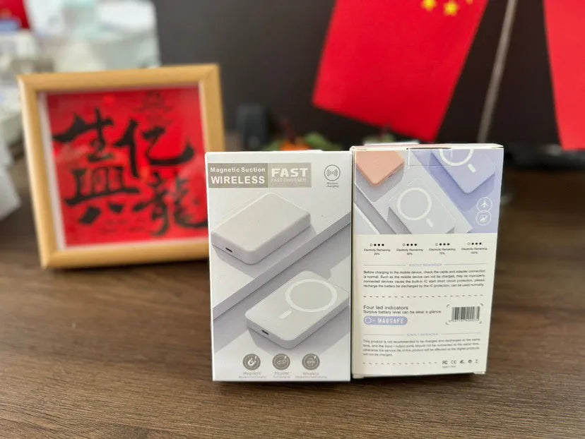 White magnetic wireless charger with 5000mAh power bank showing compact 100x65x16mm dimensions