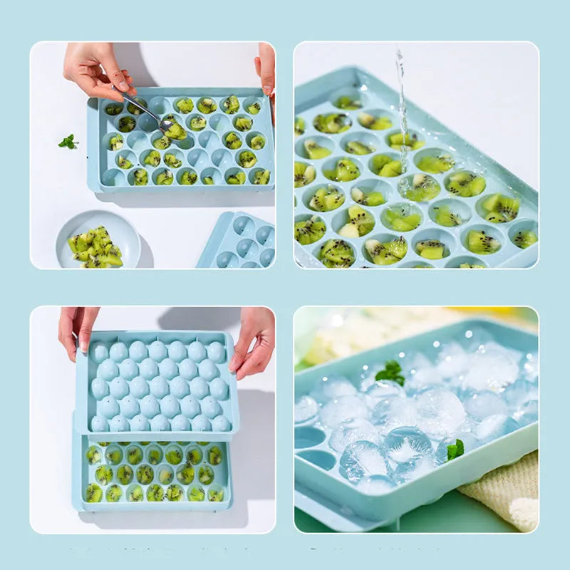 Sky blue and pink 3D round ice ball mould trays with 18 and 33 grid options for home bar use.