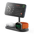 Magnetic three-in-one wireless charger in aluminium alloy with magnetic suction fixing, shown in carbon fibre, grain, gray, or silver