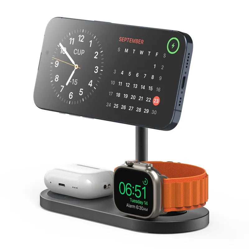 Magnetic three-in-one wireless charger in aluminium alloy with magnetic suction fixing, shown in carbon fibre, grain, gray, or silver