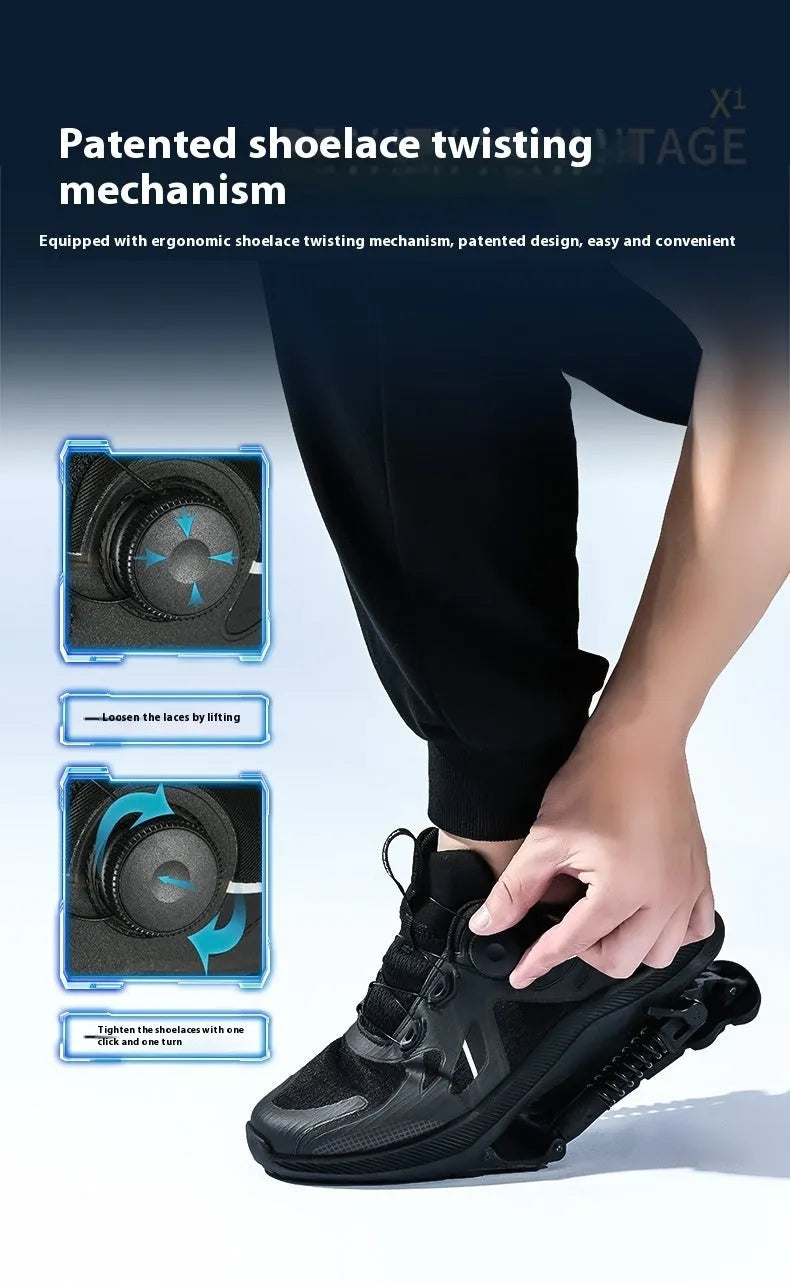 Black tech running shoes with mesh upper, leather stitching, buckle fastening, and a rubber EVA sole.