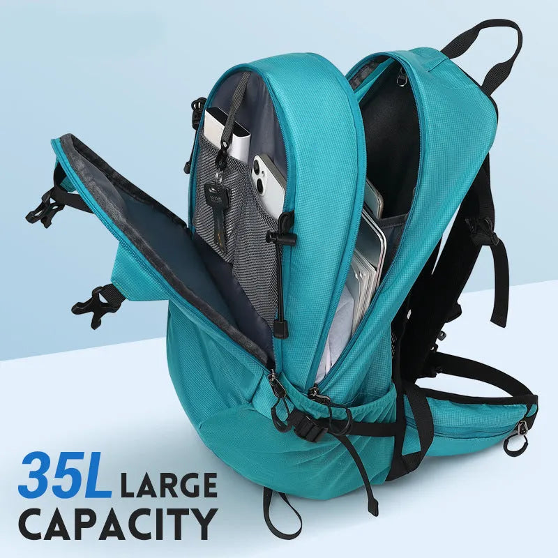 Solid-colour waterproof Oxford cloth hiking backpack with a structured back, shown in lake blue.