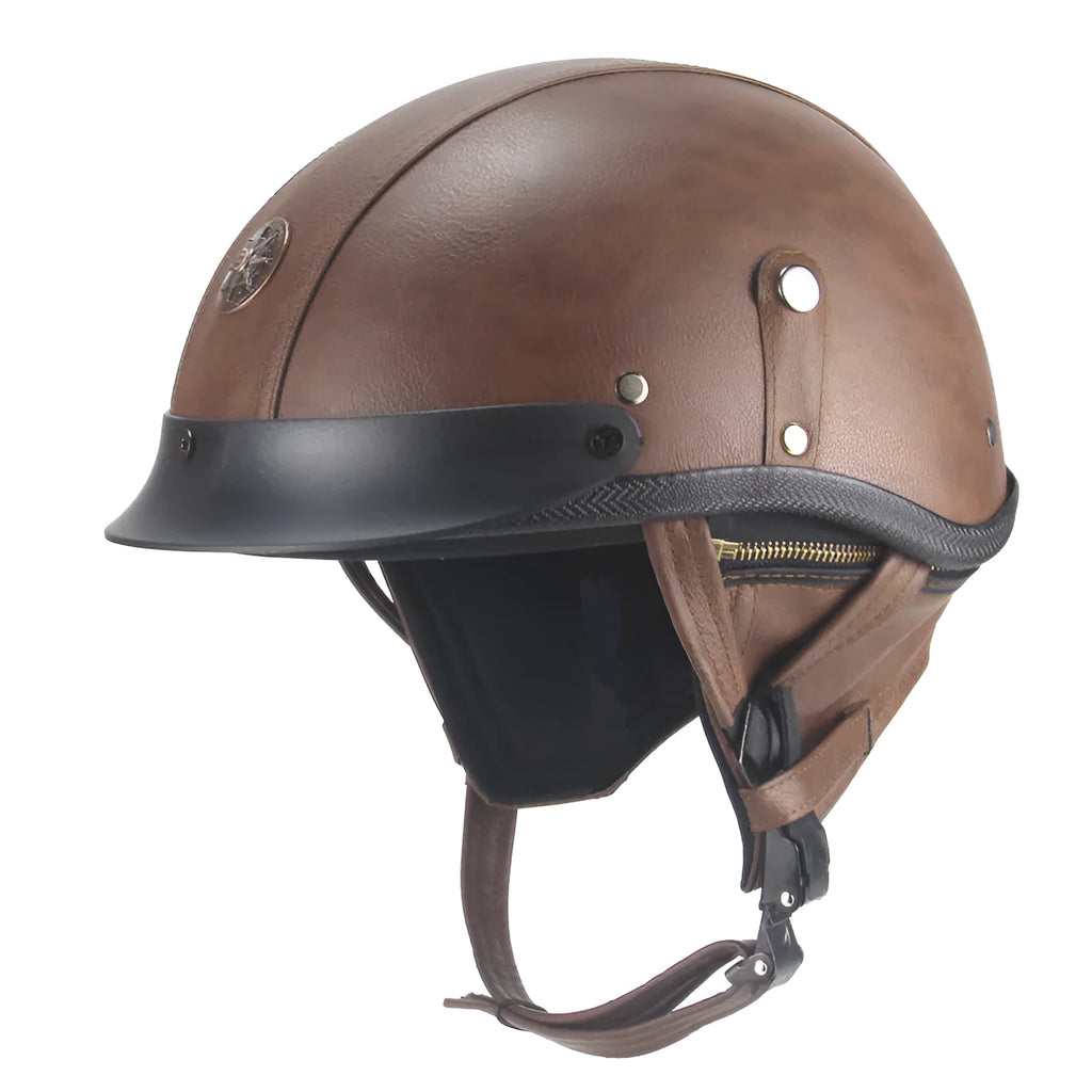Retro half-pedal motorcycle helmet in ABS artificial leather, black and dark brown colour options