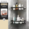 Black double-layer triangle bath storage rack with wide-brimmed shelves, dimensions 30cm x 20cm x 40cm, punch-free installation