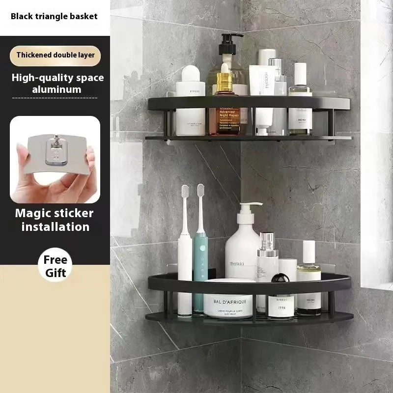 Black double-layer triangle bath storage rack with wide-brimmed shelves, dimensions 30cm x 20cm x 40cm, punch-free installation