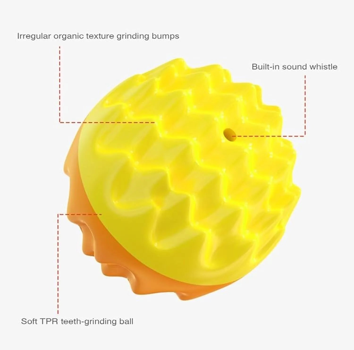 Blue and orange squeaky dog ball toy with spiky texture for dental cleaning, floats on water
