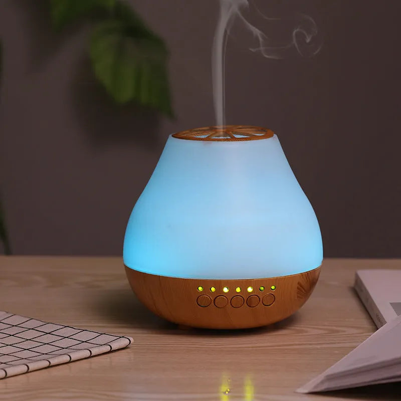 Wood grain USB aroma diffuser with colourful LED lights and essential oil bottle