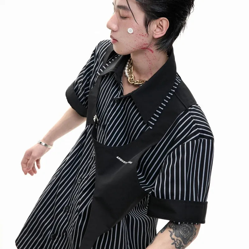 Men's black and white striped cotton shirt with double collar design and short sleeves, shown in loose fit