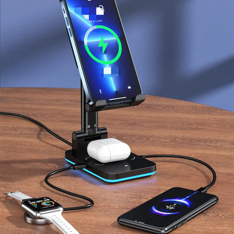 Black wireless charging phone stand on desk holding mobile device at adjustable angle