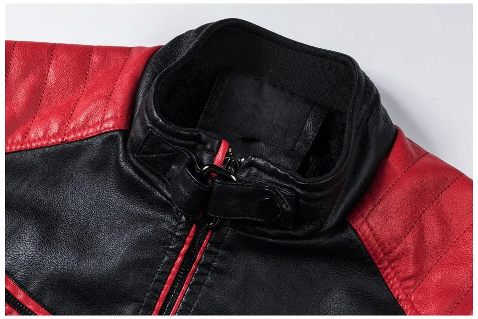 Men's PU leather motorcycle jacket with stand collar and zip pockets in brick red, brown or ivory white