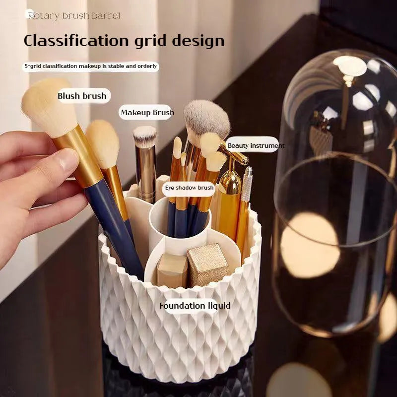White rotating acrylic makeup brush storage box with transparent lid on desktop