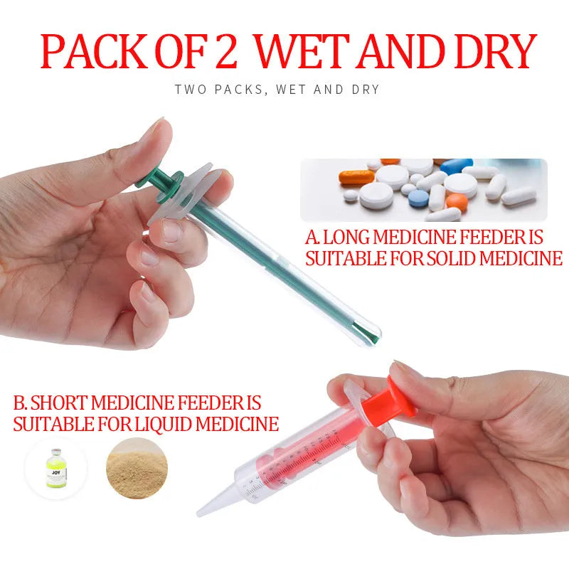 Two silicone pet pill shooters showing 15cm length and soft-tip design for medication administration