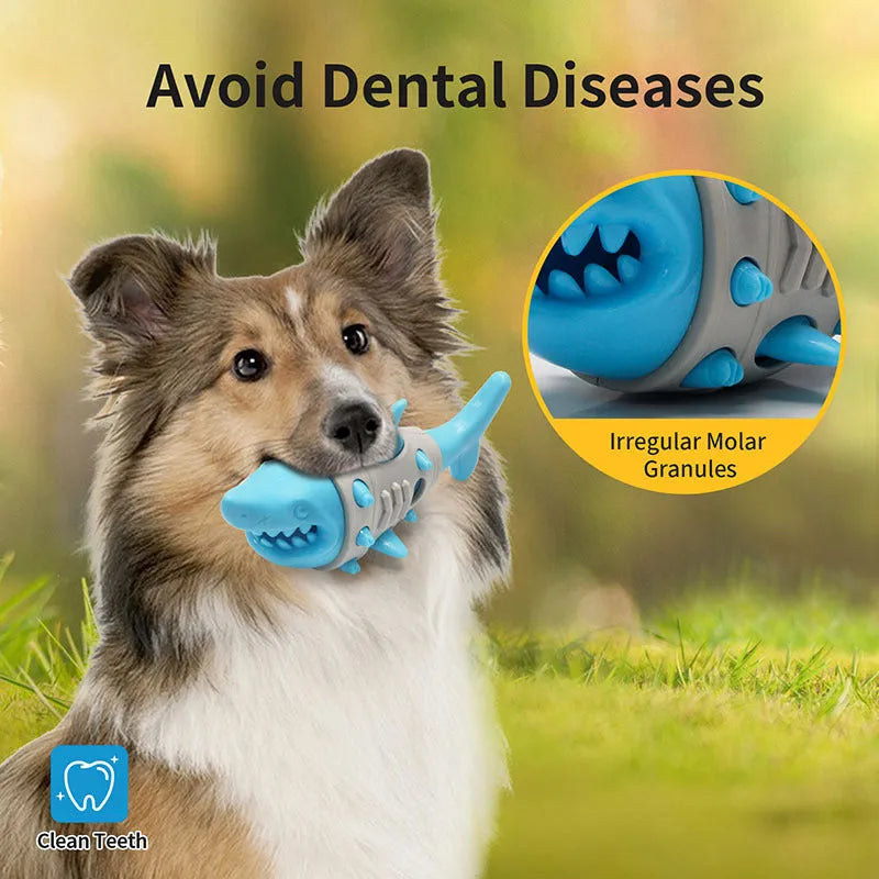 Blue shark-tooth textured dog chew toy with leaky holes for interactive play