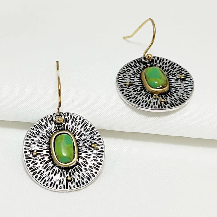 Retro turquoise colour separation earrings with antique silver electroplated finish and alloy construction