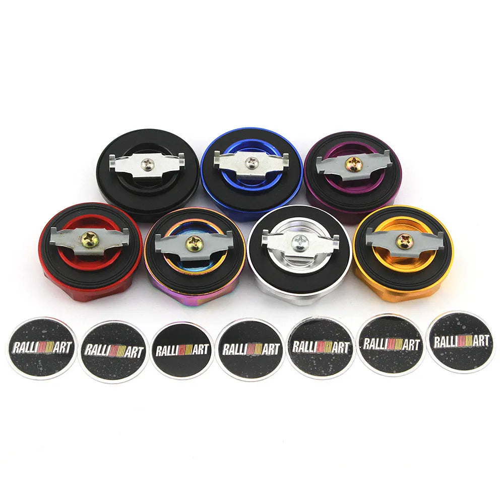 Aluminium oil filter cap for Mitsubishi cars in six colour options: red, blue, gold, silver, black, purple.