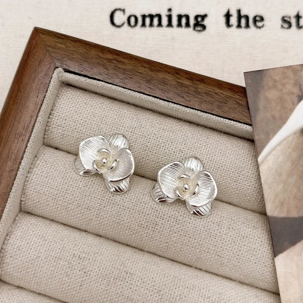 Copper flower earrings with petal design in gold or silver electroplated finish