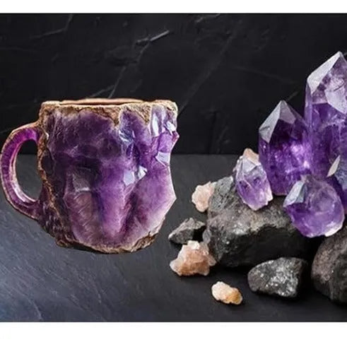 Resin mineral crystal coffee mug with 400ml capacity and 3D crystal structure in purple colour