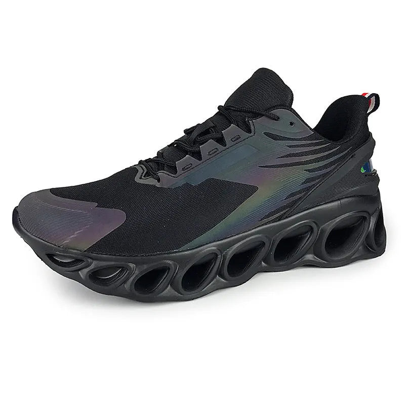 Low-top breathable trainers in dark blue with mesh upper and lace-up front, showing EVA sole and round toe design.