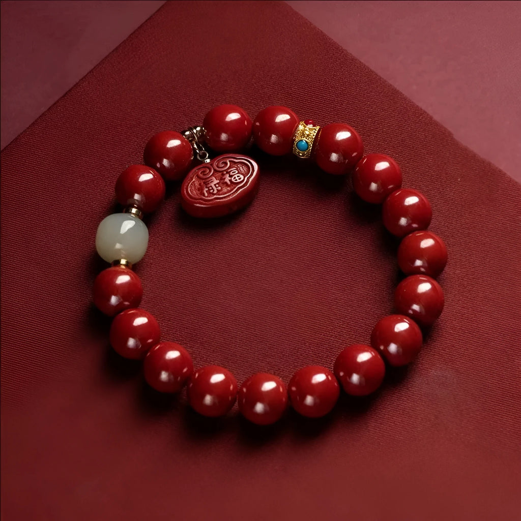 Cinnabar bracelet with Emperor Sandstone style and Ping An Fu Lu design in 8mm or 10mm bead size