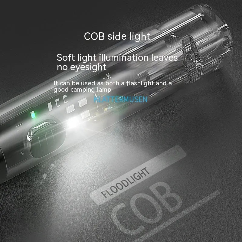 Black portable USB rechargeable outdoor flashlight with charging cable.