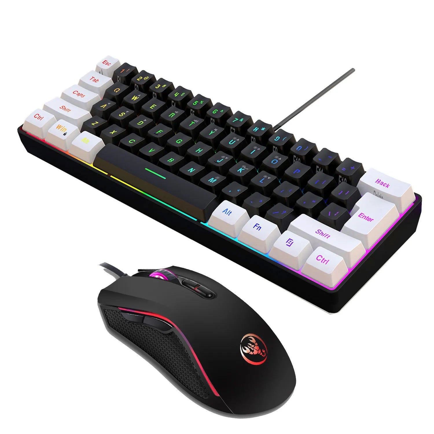 V700WB white and black gaming keyboard and mouse suit with backlit keys on a desk.