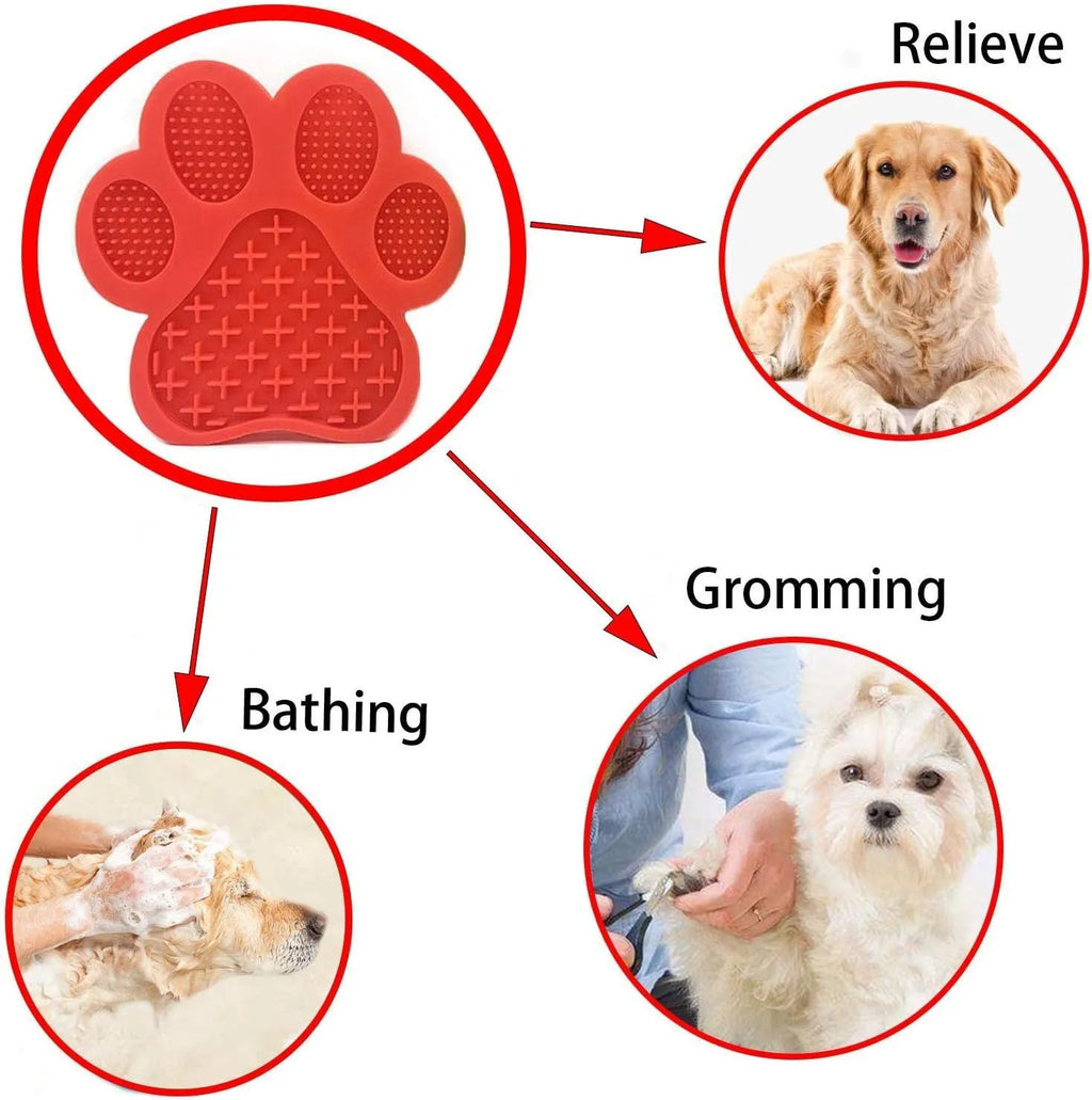 Blue silicone dog licking mat with suction cups on a tile surface, showing bone-shaped texture