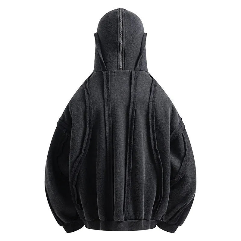 Black loose zip hooded coat with abstract pattern, cotton fabric, and padding, shown in sizes M, L, XL for autumn wear