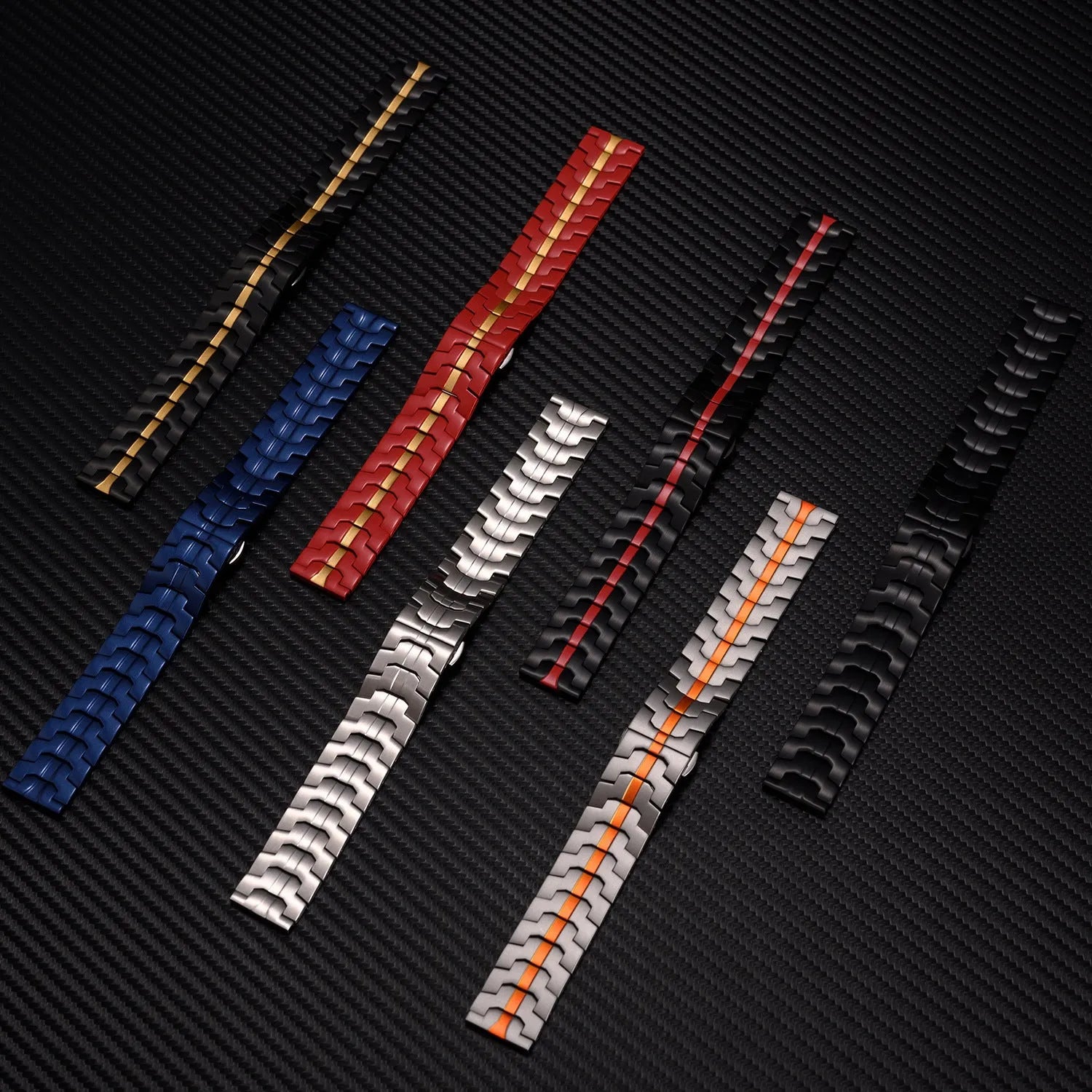 Stainless steel watch band showing 20mm and 22mm width options with ten colour variations including silver, black, and titanium finishes