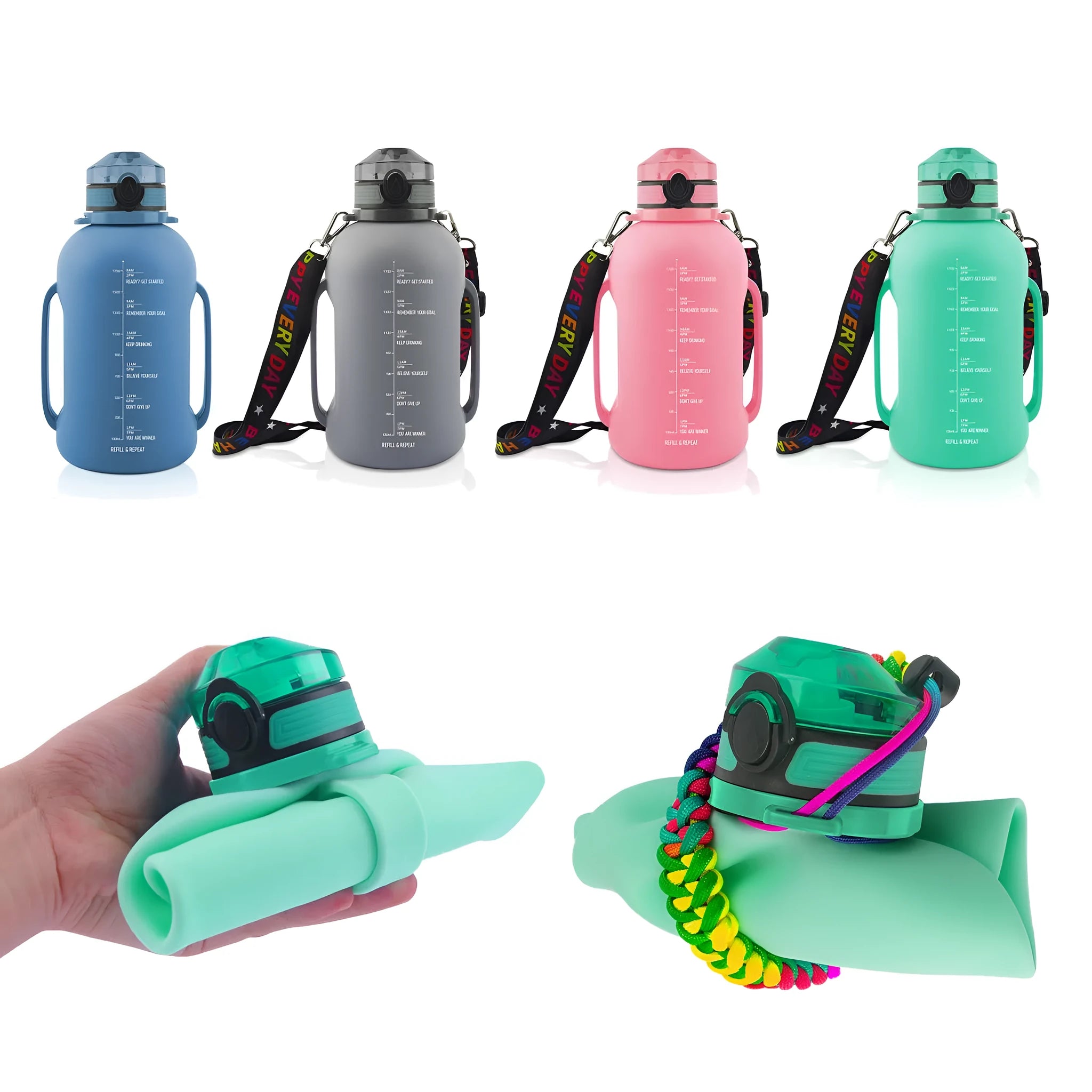 Large black collapsible silicone sports water bottle shown full and folded next to a backpack.