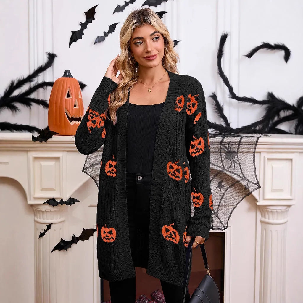 Women's black cardigan with orange pumpkin head jacquard pattern, regular sleeves, medium 65cm length